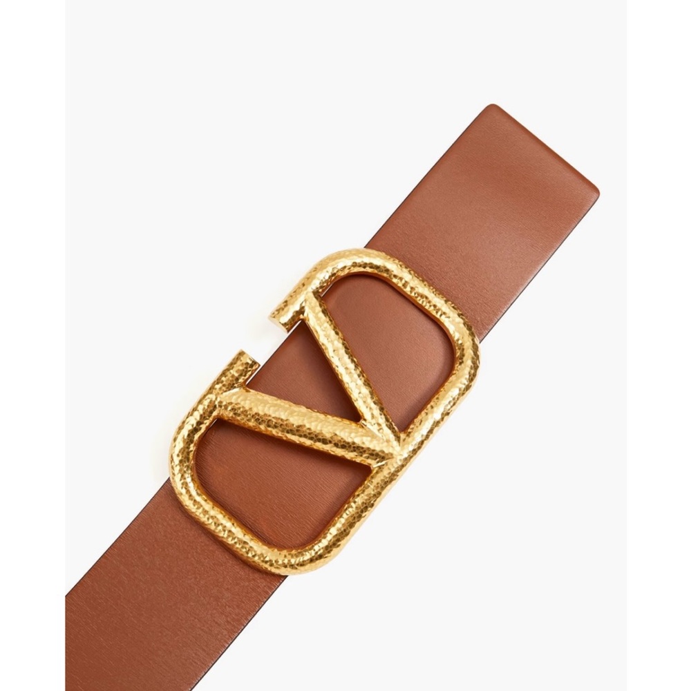 Valentino Tan/white Leather Belt with Gold hammered Logo Buckle - Picture 2 of 11